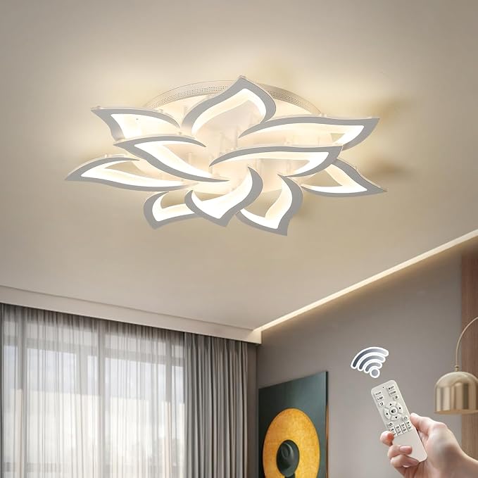 Garwarm 33.5" Modern LED Low Profile Flush Mount Ceiling Light, Dimmable | White Acrylic Flower Petal Ceiling Light with Remote, 3000K-6500K for Living Room,Primary Bedrooms, Dining Room,Home Office