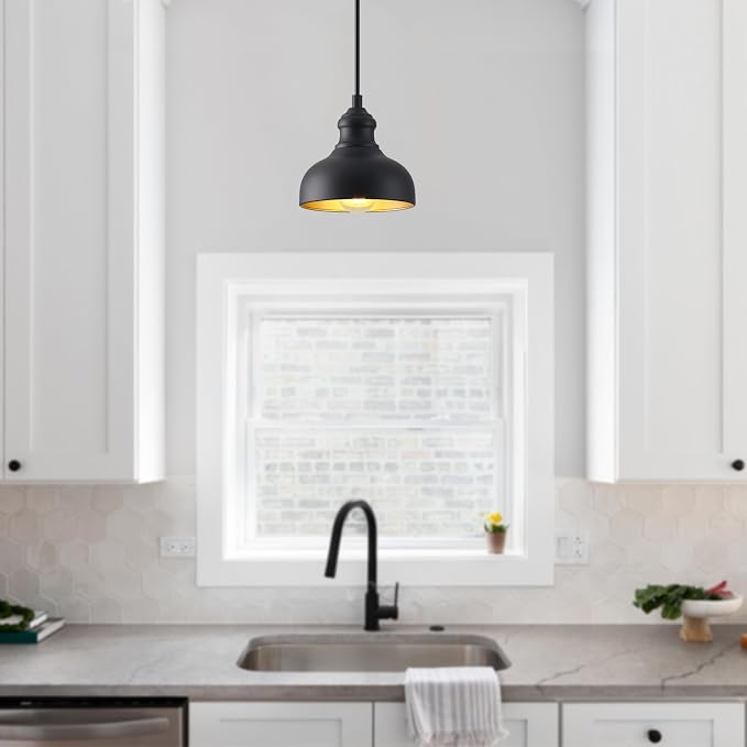 7in Dome Black Farmhouse Barn Pendant Light with Brass Interior, 2 Pack Outdoor Porch Hanging Lamp Small Barn Style Kitchen Island Pendant Lighting for Bedroom Hallway, Adjustable
