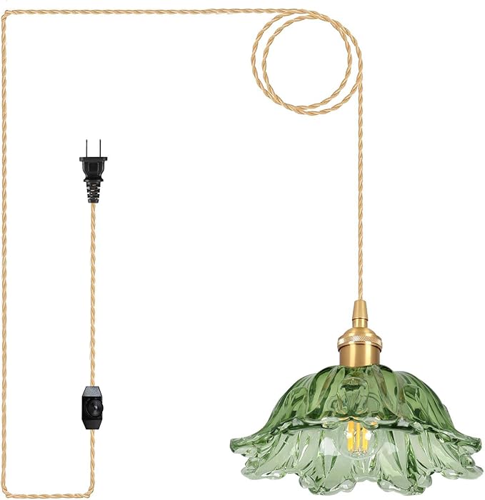 Plug in Pendant Light Fixtures,Hanging Light Fixture Corded On/Off Switch,10.6in E26 Green Glass Lampshade Pendant Lighting for Kitchen Island, Bedroom, Dining Room