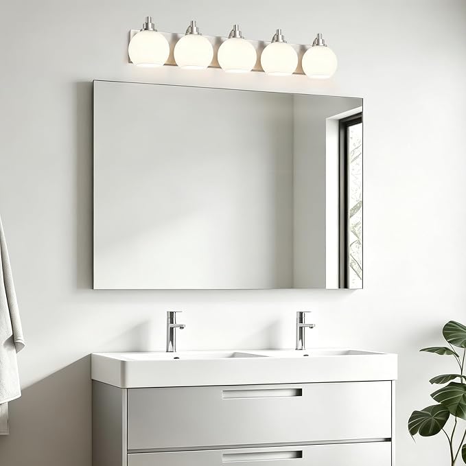 IZORRO Bathroom Light Fixtures, 5-Light Brushed Nickel Vanity Light, Modern Wall Sconces with Globe Milk White Glass Shade, Vanity Lighting Fixtures Over Mirror,E26 Bulb Socket