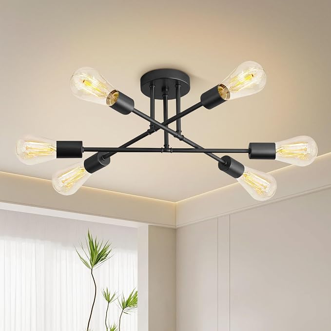 6-Light Modern Metal Ceiling Light, Black Sputnik Dining Room Light Fixture | 22" Modern Sputnik Ceiling Light Fixture with E26 Base, Chandelier Light Fixtures Ceiling Mount for Bedroom Living Room