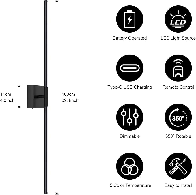 Battery Operated Wall Sconce, 3000K-6000K Dimmable Black Wall Lights with Remote Control, Timable LED Wireless Wall Sconces, 350° Ratate for Bathroom, Living Room, Hallway 39.4 Inch 1 Pack