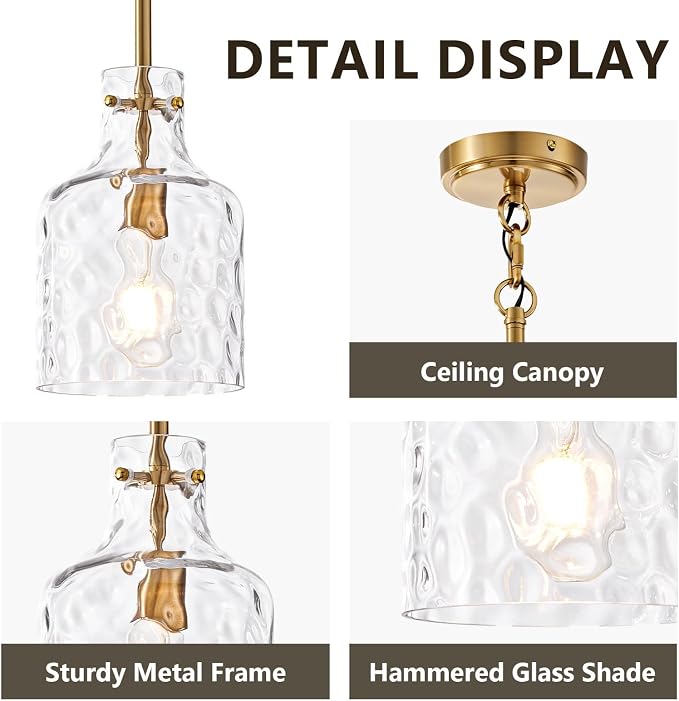 7 Inch Pendant Lights Kitchen Island with Clear Hammered Glass Shade Modern Pendant Light Fixtures Industrial Hanging Ceiling Lights for Kitchen Dining Room Bedroom Entryway, Gold, 1 Pack