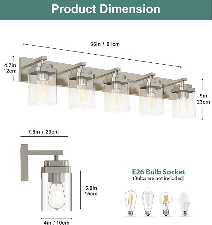 Brushed Nickel Bathroom Light Fixtures, 5 Lights Bathroom Lighting Fixtures Over Mirror, Square Design & Rectangle Large Backplate, Modern Vanity Lighting Fixtures, for Living Room/Bedroom