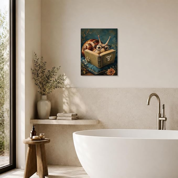 NSFBESSLIA Funny Reading Snail Painting, Whimsical Vintage Animal Decor, Snailing Your Day, Cottagecore Wall Art for Living Room Bedroom Entryway, 8x10 Inch
