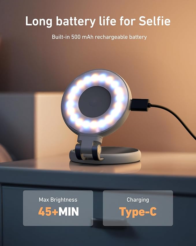 TELESIN C03 Magnetic Phone Selfie Light Compatible with iPhone Magsafe, CRI97 360° LED Selfie Ring Fill Light with Mirror for Selfies/Photography/TikTok/Zoom Calls/Video Conference (White)