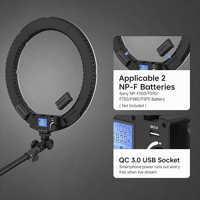 18” Ring Light with Wall Mount Stand and Wireless Remote, 4 Color Filters Bi-Color LCD Display 60W 3000-5800K CRI≥97 Light Ring for Video Recording/Photography/Beauty Shop/Tattoo/Barber