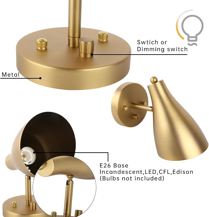 Set of 2 Adjustable Wall Sconce with Dimmer Switch | Vintage Wall Vanity Lighting, Hardwired Metal Wall Light Lamp for Bedside Living Room Kitchen Sink Farmhouse