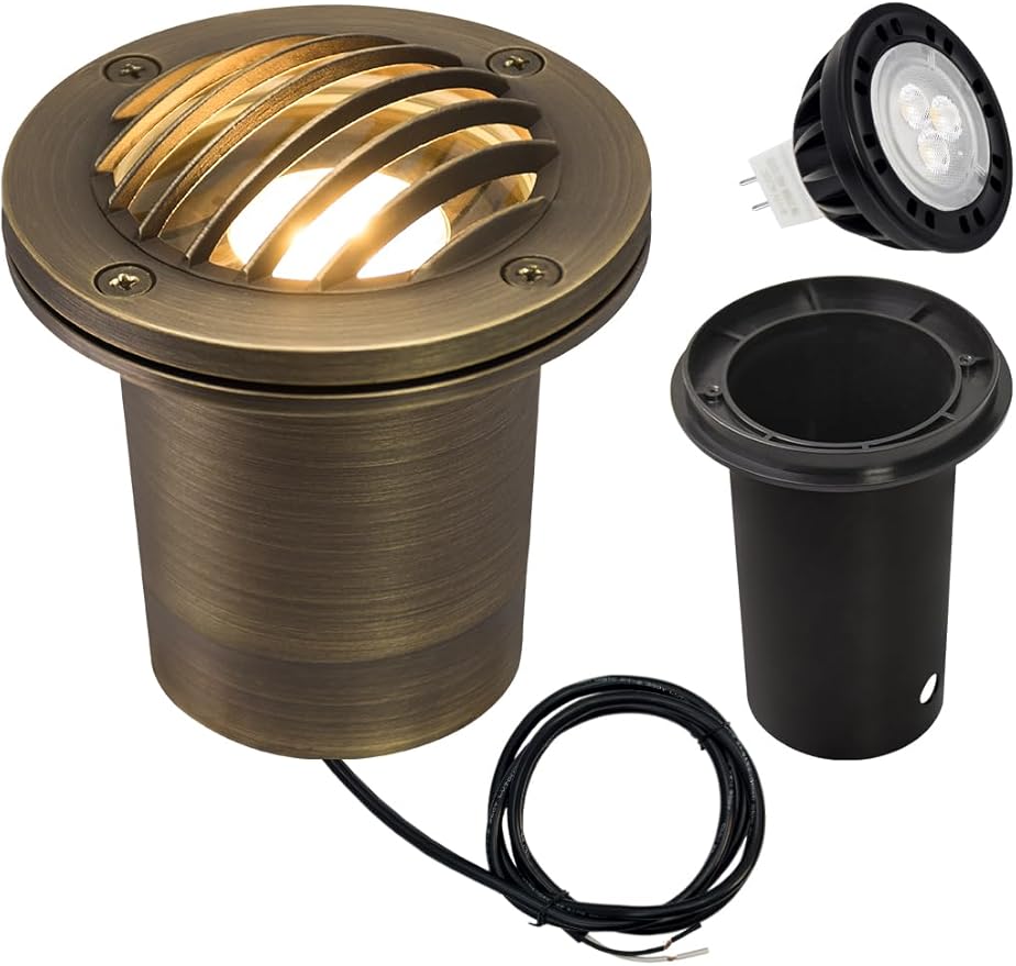 MALORY Brass Landscape Well Lights,（φ99 mm 12V Low Voltage In Ground Lights,Anti-Glare Landscape Lighting with MR16 for Pathway, Driveway (Full Brass -01B, 1-Pack with Bulb)