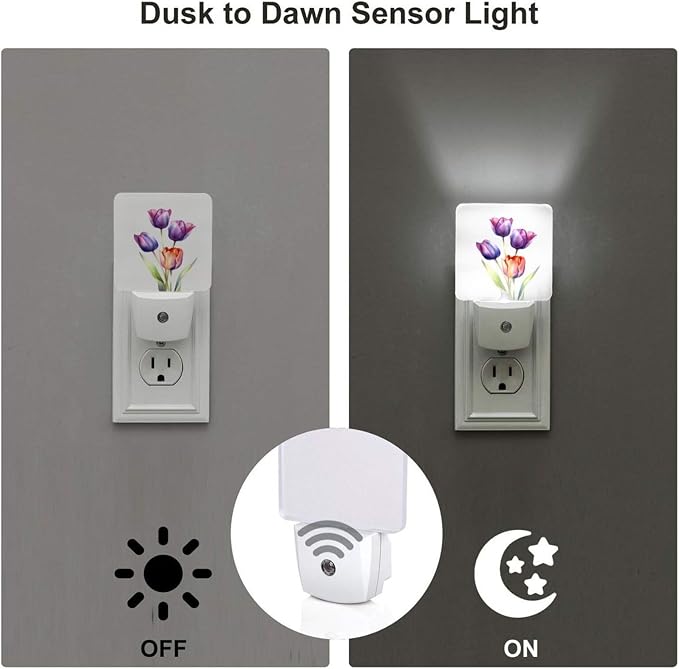 White and Black Cats Kitten Night Light 2-Pack, LED Plug-in Auto Sensor Floral Nightlights Set of 2 for Bedroom Bathroom Stairs