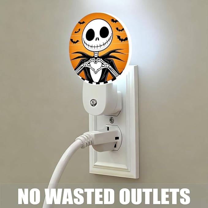 Mugod Funny Halloween Skeleton Plug-in Nightlights Bats Night Light Plug into Wall with Dusk-to-Dawn Sensor LED Lighting 0.5W Sleep-Friendly