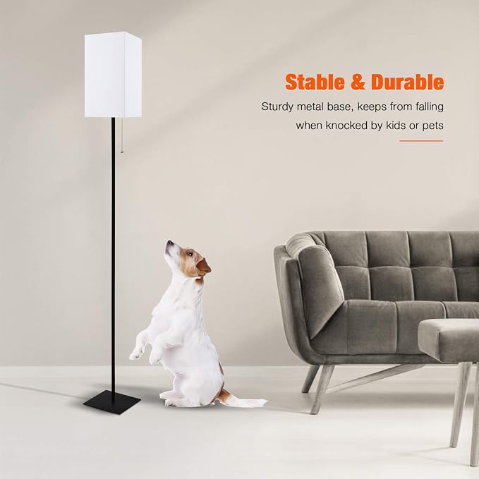 Modern Floor Lamp for Living Room, Tall Black Floor Lamp with Square Linen Shade, Pull Chain Switch and Stable Metal Base, Standing Lamp for Bedroom, Reading Nook and Office, Bulb Included