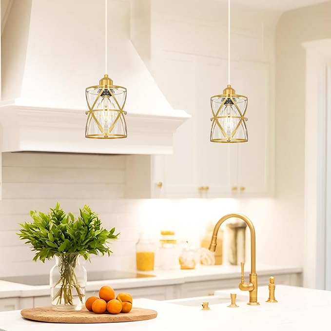 Gold Pendant Lights Kitchen Island Set of 2 , Adjustable Hanging Lights with Clear Glass, Industrial Ceiling Pendant Light for Hallway, Decor, E26 Base - 5.51''Shade,59.06'' Cord(Bulbs Not Included)