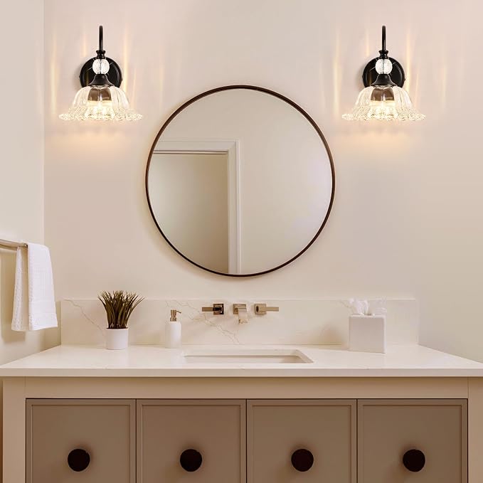 Vintage Bathroom Vanity Light Fixtures Matte Black Wall Sconces with Floral Crystal Glass Shade Wall Lights for Bathroom Bedroom Living Room Hallway Wall Decor(Exclude E26 Bulb)