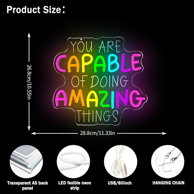 You Are Capable of Amazing Things Neon Sign for Wall Decor Classroom Led Sign Dimmable Inspirational Quotes Reading Corner Neon Light Up Signs for Classroom Home Club Study Room Office Wall Art