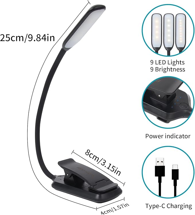 9 LED Rechargeable Book Light for Reading in Bed - Eye Caring with 3 Color Temperatures, 80 Hrs Runtime, Lightweight Clip-On Light for Book Lovers(Black, Straight)