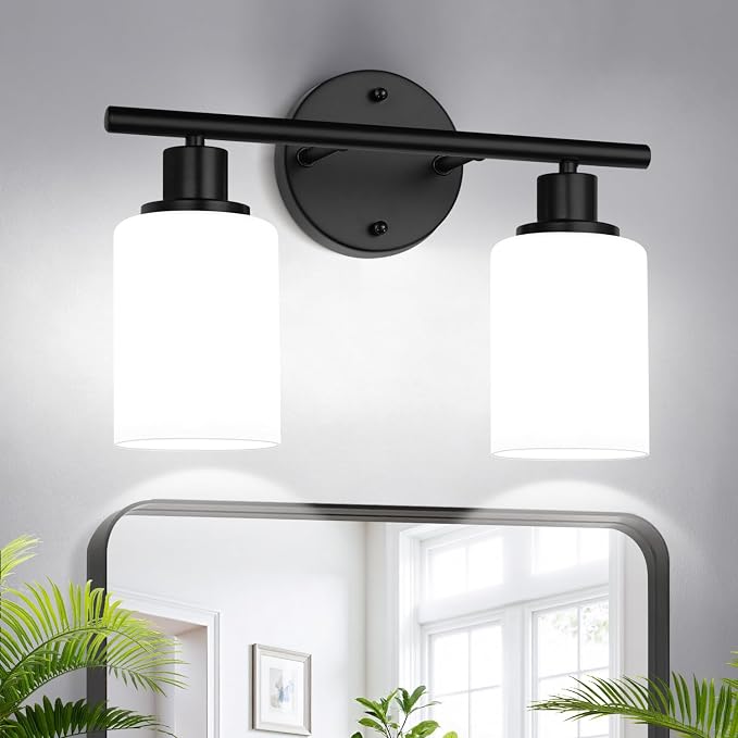 Zarbitta 2-Light Bathroom Light Fixtures,Black Modern Vanity Lights with Milky White Frosted Glass Shades,Bathroom Wall Lamp for Mirror Kitchen Living Room Hallway Cabinet Porch