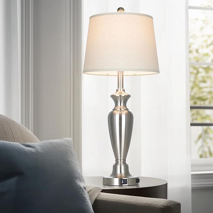 30" Tall Silver Table Lamps Set of 2 for Living Room, Touch Control Bedside Lamps for Nightstand, 3-Way Dimmable Bedroom Table Lamp with USB A+C Ports and AC Outlet (2 LED Bulbs Included)