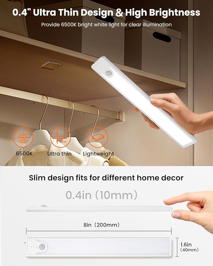 8 Inch Under Cabinet Lights, Upgraded 41 LED Rechargeable Magnetic Motion Sensor Light Indoor, Brightness Dimmable 6500K Stepless Dimming Closet Light, for Under Counter, Kitchen, Closet, 2 Packs