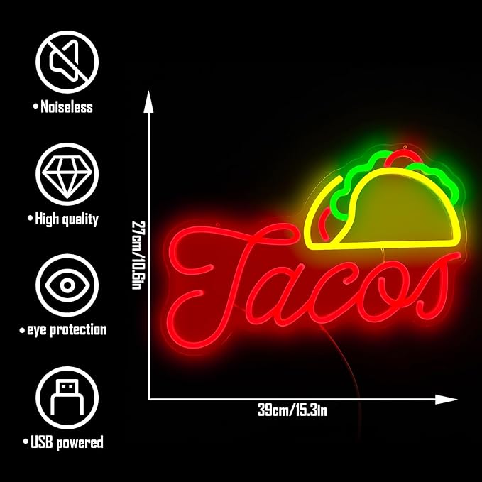 Tacos Neon Sign for Wall Decor Dimmable Led Neon Signs for Business Mexican Food Neon Light Tacos Neon Lights Sign Light Up Sign for Tortilla Tacos Shop Beer Bar Pub Restaurant Christmas Decor