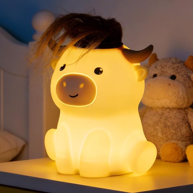 Amaredom Highland Cow Night Light, Cute Cow Lamp, Silicone Dimmable Nursery Nightlight, Rechargeable LED Bedside Lamp with 20 Minutes Timer & Tap Control Baby Girls Women Bedrooms, Living Room