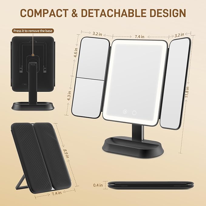 Rechargeable Lighted Makeup Mirror with 1X/3X/5X Magnification, Professional 3-Color LED Trifold Vanity Mirror, Smart Memory, Type-C Charging, Portable Beauty Mirror for Travel, Idea Gifts - Black
