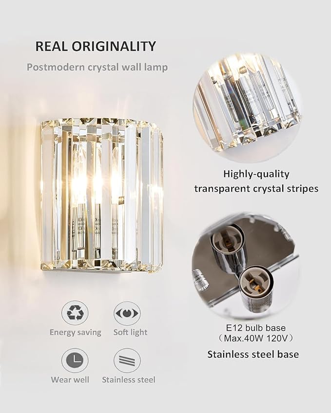 Crystal Wall Sconces Set of Two, Modern Wall Sconce Set of 2 in Chrome Finish, E12 Bases Wall Lamp for Living Room, Bedroom, Bathroom, Hallway, Entryway, Bulbs not Included