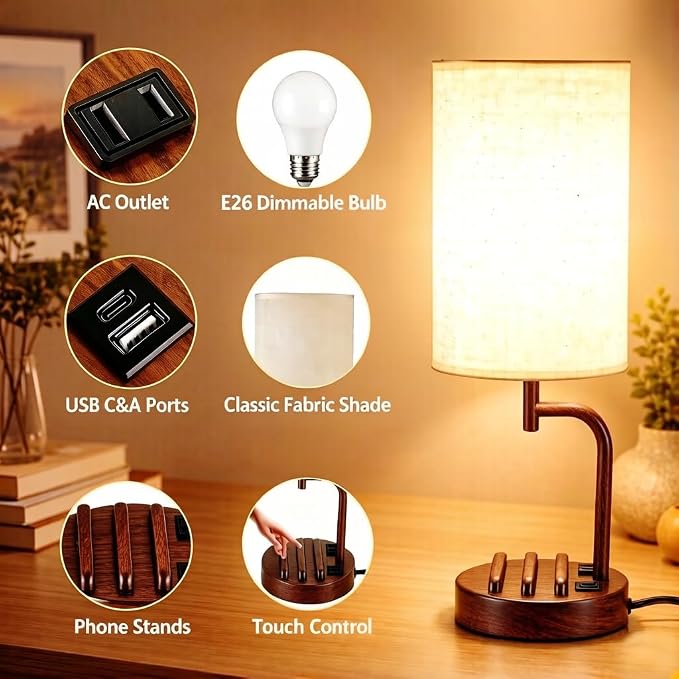 Dreamholder Touch Control USB Table Lamp with USB C/A & AC Outlet, 3-Way Dimmable Bedside Lamp, Modern Nightstand Lamps for Bedroom Living Room Guest Room Office, Bulb Included, Walnut