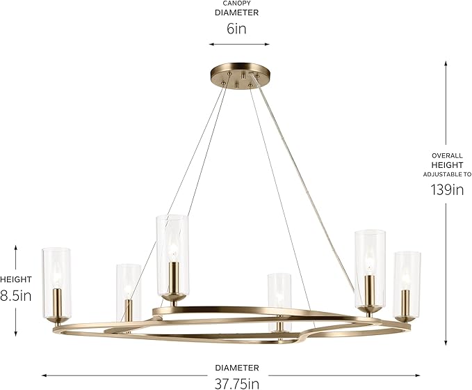 Kichler Harpin 6-Light Chandelier, Sloped Ceiling Compatible, for Dining Room or Kitchen with Clear Glass in Champagne Bronze (8.5" x 37.75"), 52771CPZ