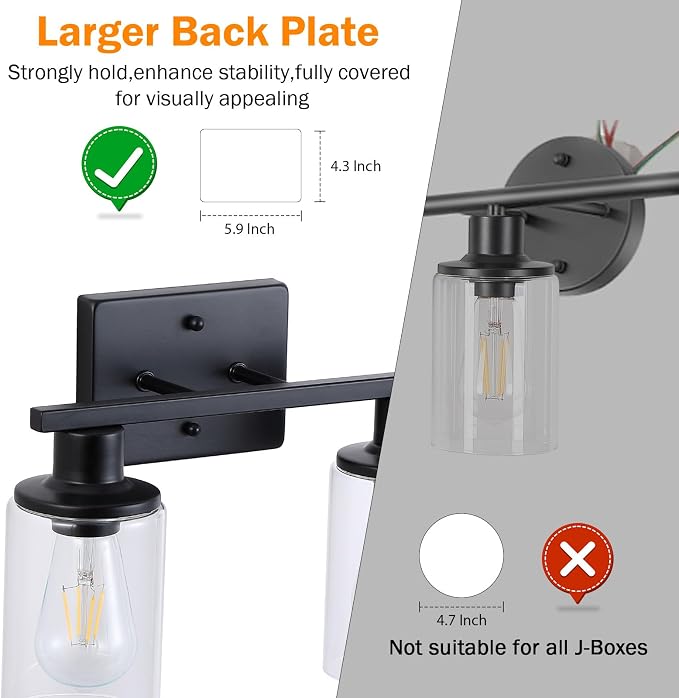 2-Light Matte Black Bathroom Vanity Light,Bathroom Light Fixtures Over Mirror with Clear Glass Shade,Modern Farmhouse Wall Sconces Lighting for Kitchen Living Room Cabinet
