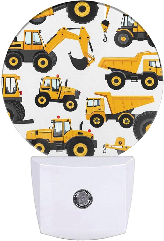 Mugod Yellow Construction Vehicles Pattern Plug-in Nightlights Cute Cartoon Night Light Plug into Wall with Dusk-to-Dawn Sensor LED Lighting 0.5W Sleep-Friendly