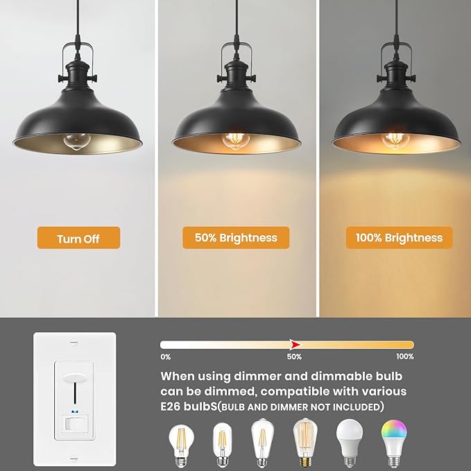 Farmhouse Pendant Lights, 11.4" Black Pendant Lighting for Kitchen Island, 2 Pack Kitchen Island Lighting, Industrial Vintage Hanging Light Fixtures for Barn, Dining Room
