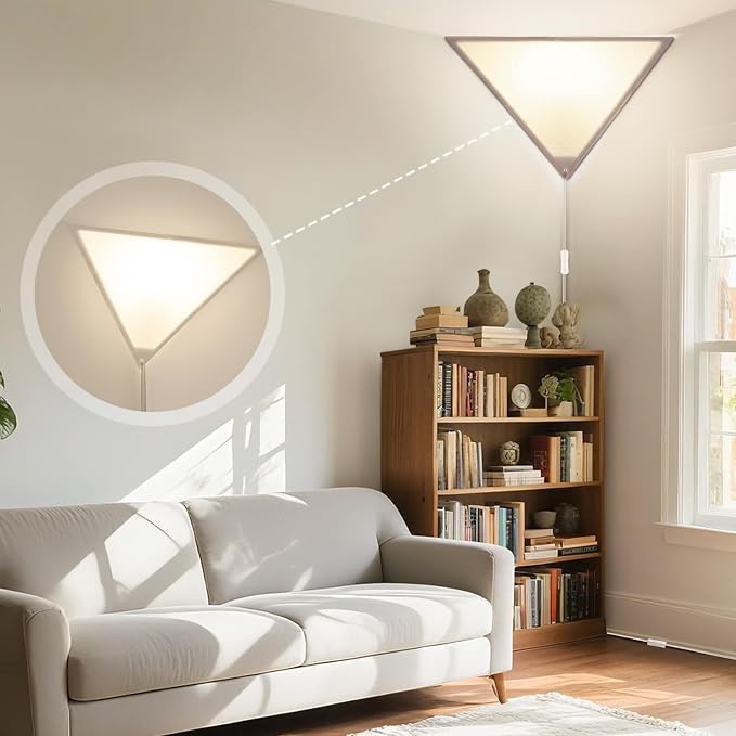 Corner Ceiling Light with Switch, Triangle Corner Lamp, 2 Pack | Linen Shade, 8.2ft Clear Cord, Plug in Ceiling Light Safe for Kids & Pets, Corner Lights for Living Room, Bedroom Dark Corner