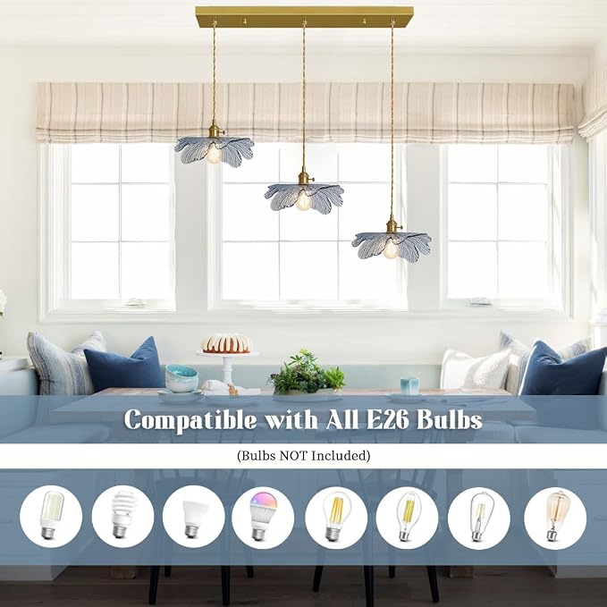 3-Light Hand Blown Glass Chandelier, Blue Flower Glass Shade with Brushed Brass Gold Base, Adjustable Pendant Light Mid Century Vintage Farmhouse Hanging Lamp for Dining Room Kitchen Island