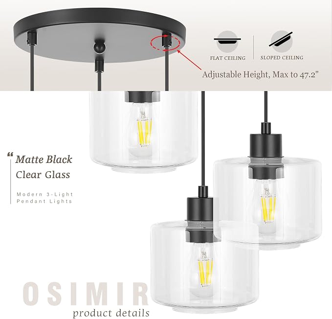 3-Light Pendant Lighting, Black Dining Room Chandelier Light Fixture Over Table with Clear Glass, Modern Cluster Hanging Lights for Kitchen Island Dining Room Sink, OS-YQ8153-3BKC