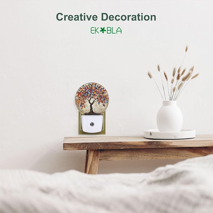 EKOBLA Abstract Tree with Colorful Leaves Night Light, Tree Art Painting Night Lights Plug Into Wall with Dusk to Dawn Auto Sensor for Men Women Bedroom Bathroom