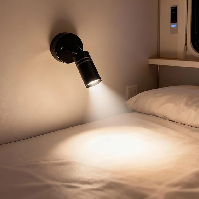 THALASSA Black RV Reading Light with USB-C Charger and USB Port, Dimmable Warm White Camper Van Bedside Lamp with Blue Night Light Mode for Motorhome, Camper, Truck, Marine
