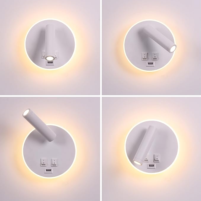 USB Charging Port Wall Wash Light White Bed LED with Interior Wall Adjustable Spotlight Reading lamp Wall lamp Bedroom Indoor Bedside Lamp 3000K (3W + 9W)
