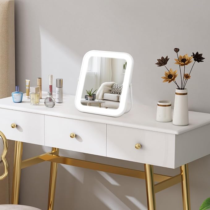 Rechargeable Vanity Mirror with Lights, 10"×8" Makeup Mirror with Lights, 1500mAH Battery, Smart Touch with 3-Color Lighting, Dimmable, HD Desk Mirror, Travel Essentials, Women Gift (White)