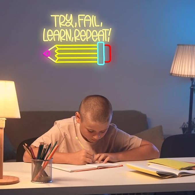 Try Fail Learn Repeat Neon Sign Pencil LED Read Books Neon Light Motivational Learning Light Up Sign for Wall Decor Office Classroom Study Room Shop Bookstore