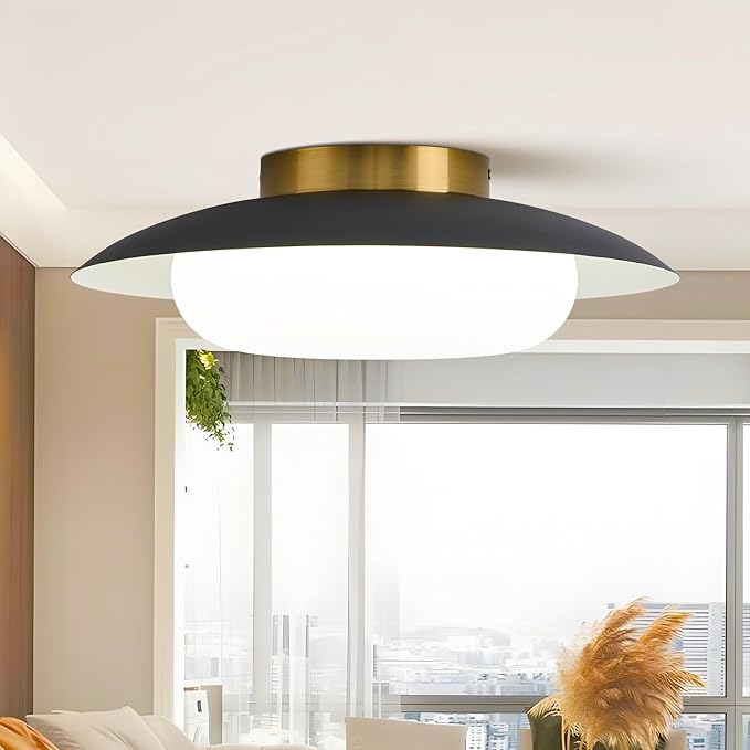 Modern LED Semi Flush Mount Ceiling Light Fixture,Round Matte Black and Gold Close to Ceiling Lamp Flushmount Lighting Fixtures for Kitchen Master Bedroom Living Room Entryway,5000K,15.74 inch
