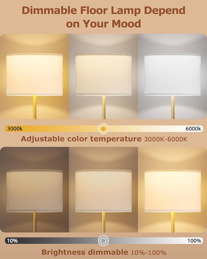 Dimmable Floor Lamp for Living Room with Remote, 9W 900LM LED Bulb Included, White Shade Gold Pole