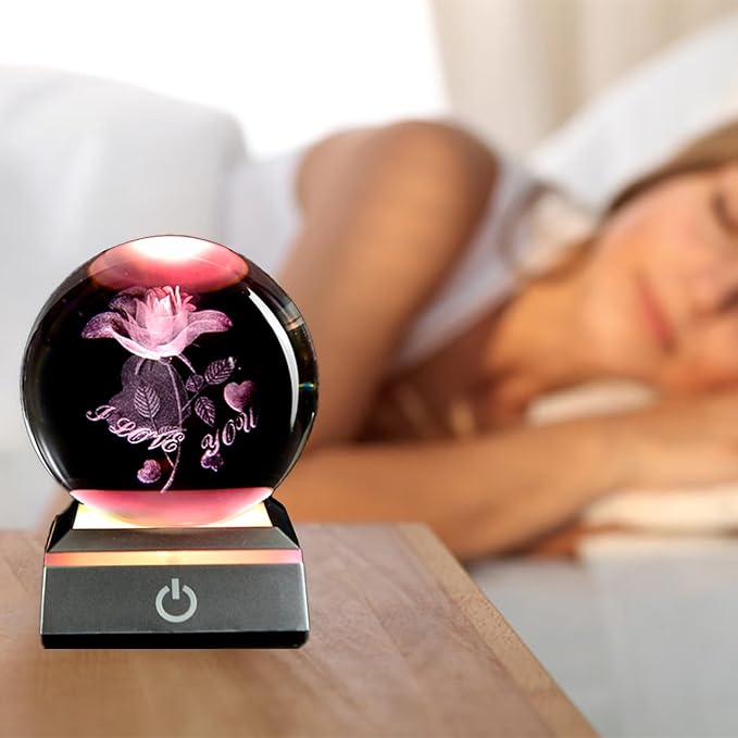 3D Laser Etched Rose Crystal Ball, I Love You Decor Glass Sphere Lamp Night Light, Crystal Rose Flower Figurines Collectibles Gifts for Mom Kids Women Girls