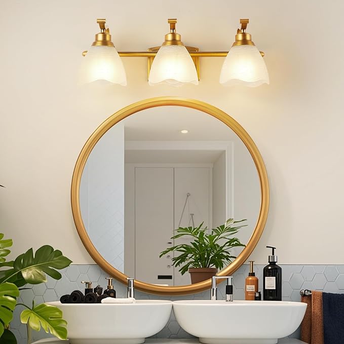 Bathroom Light Fixtures (3-Light, 20.5 Inch), Brushed Gold Vanity Lights for Bathroom with White Frosted Glass Shade, Modern Vanity Wall Lights for Mirror Bedroom Living Room Kitchen Hallway Porch