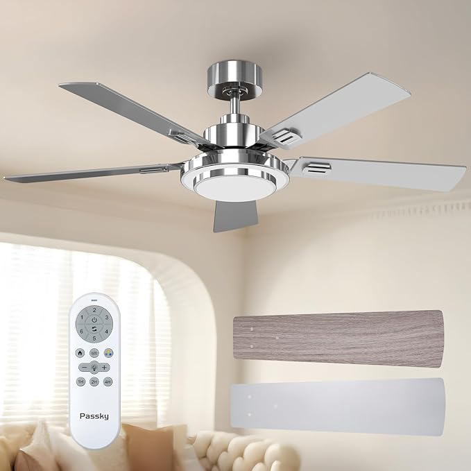 Passky 52 Inch Silver Sleek Ceiling Fans with 2-Ring Lights, Remote Control | 3-color dimmable light, quiet reversible DC motor, easy install, memory, Timer, bedroom, covered outdoor areas