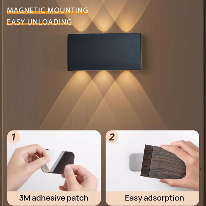 Shelprojsu 2 Pcs LED Magnetic Wall Sconce Lights,5000mAh Wireless Bedside Wall Light USB Rechargeable Reading Wall Lamp,3 Lighting Colors and Dimmable Battery Operated Wall Sconces (Black, 2 pcs)