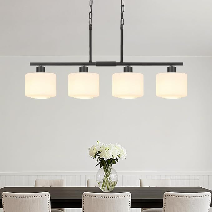 4-Light Kitchen Island Lighting, Modern Black Linear Dining Room Chandelier Light Fixtures with Milk Glass and Chain, Farmhouse Hanging Lights for Kitchen Island Dining Room, OS-YQ8153-4ISBKW