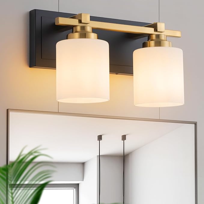 Modern Bathroom Light Fixtures Over Mirror, Vanity Lights for Bathroom Wall Sconces with Milky White Glass Shades, E26 Socket (Bulbs Not Included), 2 Light, Black Gold