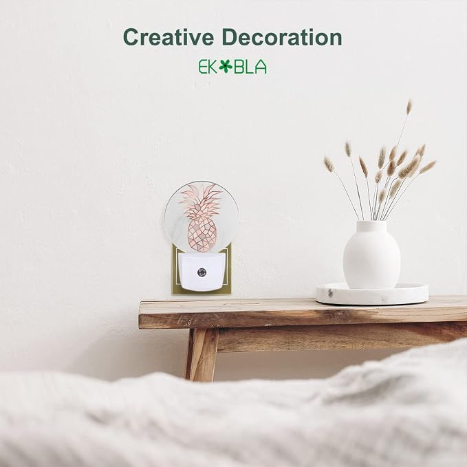 EKOBLA Pink Pineapple Night Light, Fruit and Gray Marble Night Lights Plug Into Wall with Auto Sensor for Bedroom and Bathroom