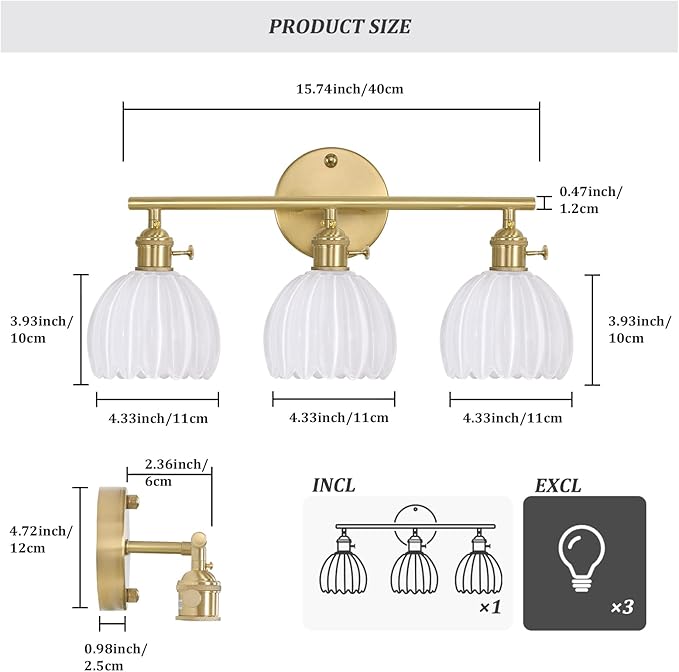 Bathroom Light Fixtures, 3-Light Brass Vanity wall Light Over Mirror with White Tulip Glass Shade for Bedroom Living Room (Bulb Not Included)